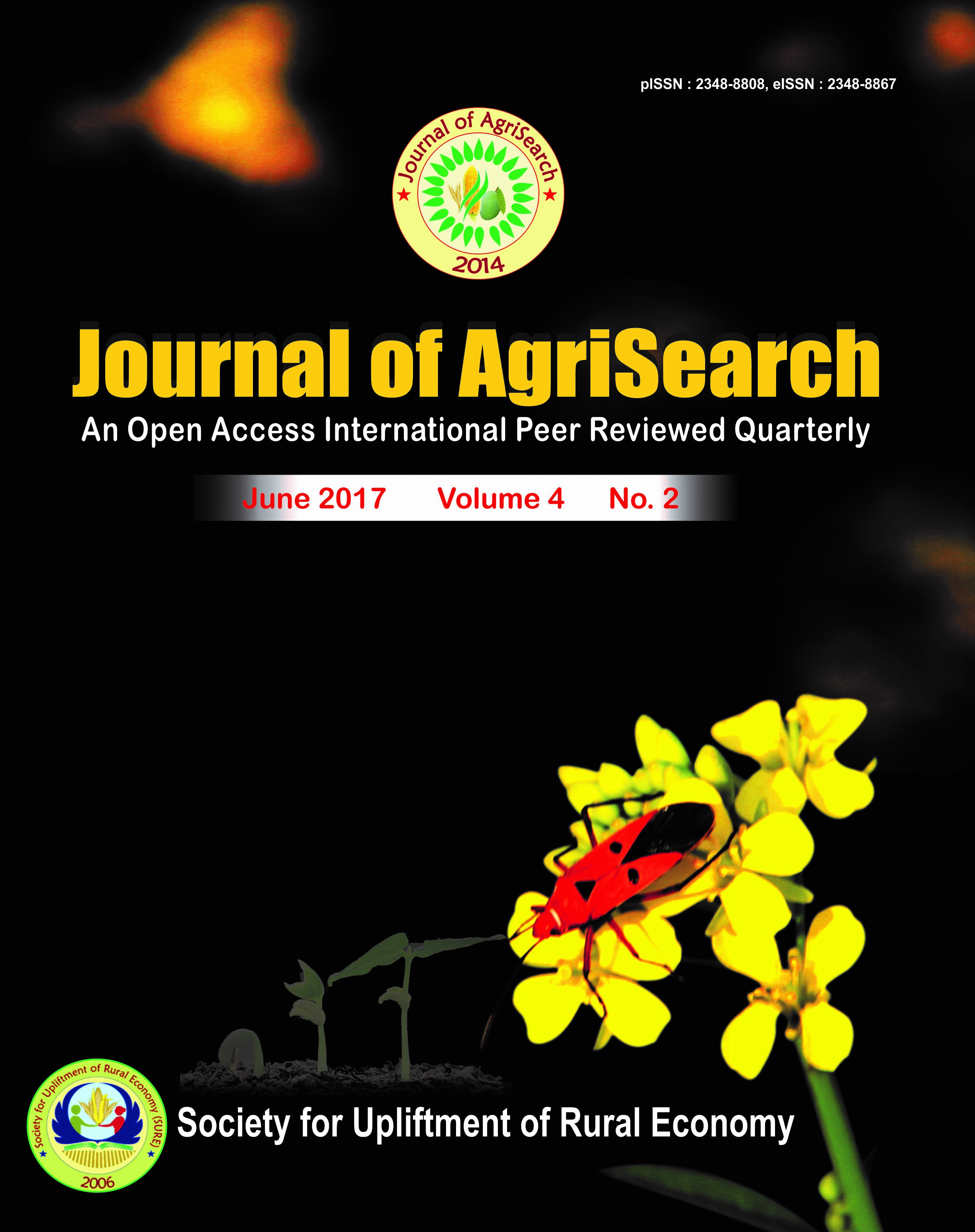 The Journal of AgriSearch (JAS) is official publication of Society for Upliftment of Rural Economy (SURE) Varanasi.  Journal of AgriSearch (JAS) is an open access journal, published quarterly in print (ISSN: 2348–8808) & Online (ISSN: 2348– 8867).  The Journal has four issues in a year: March, June, September and December, and contains Research Papers, Short Communications/Notes and Review Papers. All the papers are reviewed by a panel of reviewers for their scientific merit. The manuscript decisions are solely based on the results of peer reviews, and in order to eliminate any bias, reviewers Society accepts articles containing peer reviewed/referred original research article related to agricultural and allied sciences tending to  improve rural economy  for publication in the journal.
